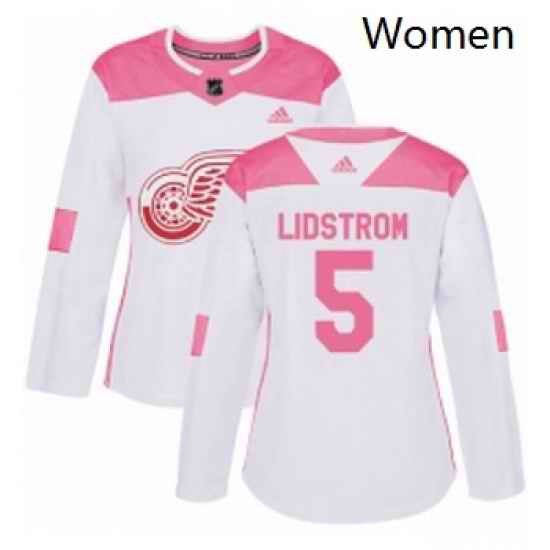 Womens Adidas Detroit Red Wings 5 Nicklas Lidstrom Authentic WhitePink Fashion NHL Jersey